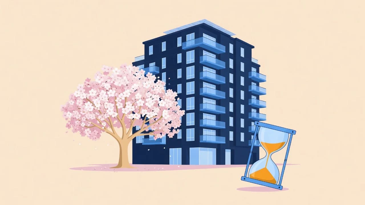 桜の木とマンション、砂時計で売るタイミングを表したイメージ
